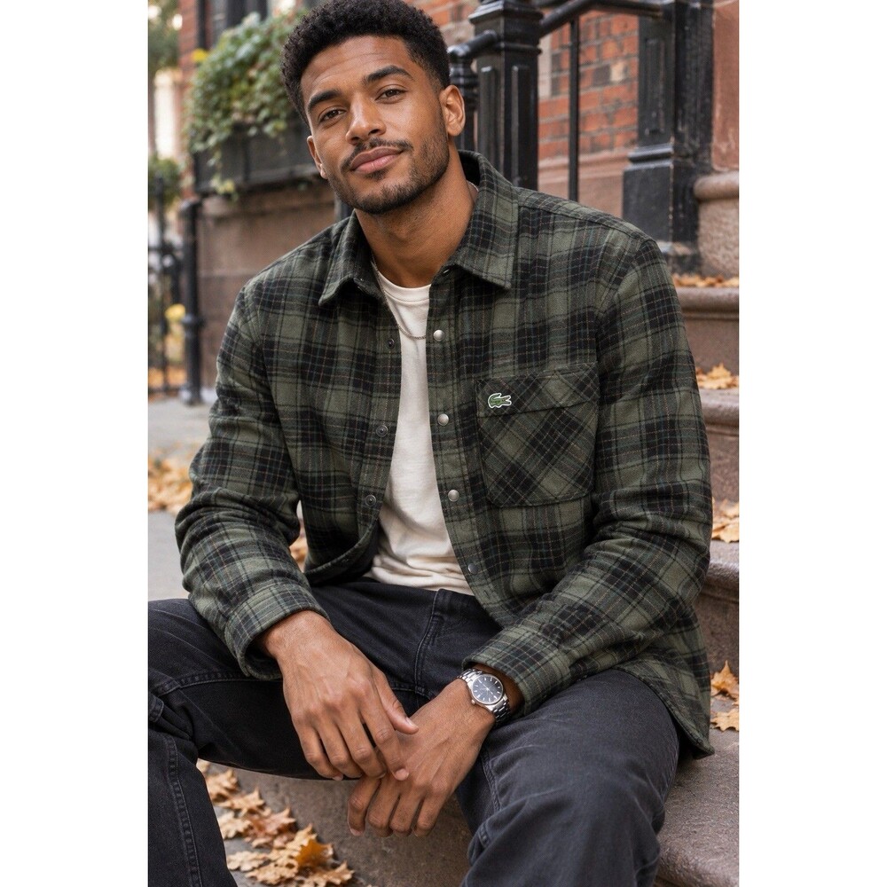 Lacoste Reversible Shirt Jacket Mens M Black Plaid Snap Button Croc Streetwear
